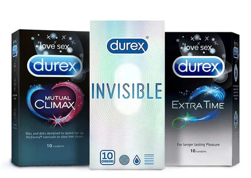 Durex Condoms Pleasure King Combo Pack (30s) – Invisible, Mutual Climax & Extra Time – Long-Lasting, Ultra Thin & Climax Control Ultonio
