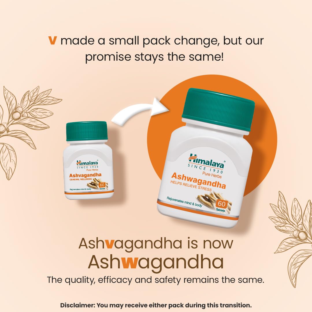 Himalaya Ashvagandha - General Wellness Tablets, 60 Tablets (Pack of 2) – Stress Relief – Rejuvenates Mind & Body