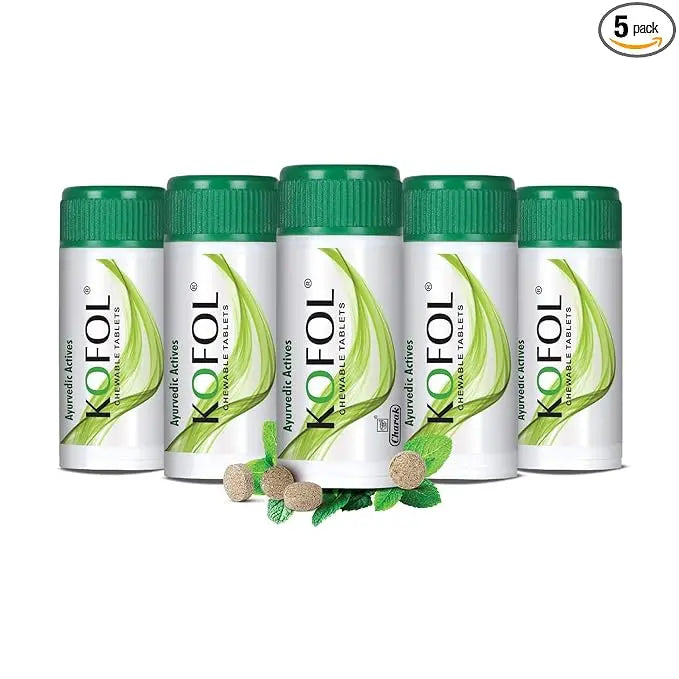 Charak Kofol Chewable Tablets – Cough & Throat Soothing – Pack of 5 × 60 Tablets – Ayurvedic Sugar-Free Lozenges