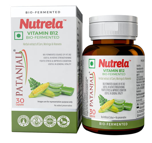 NUTRELA Patanjali Vitamin B12 Biofermented Plant Based Supplement for Men & Women with Moringa and Alovera Extract - 30 Veg Capsules (Pack Of 2)