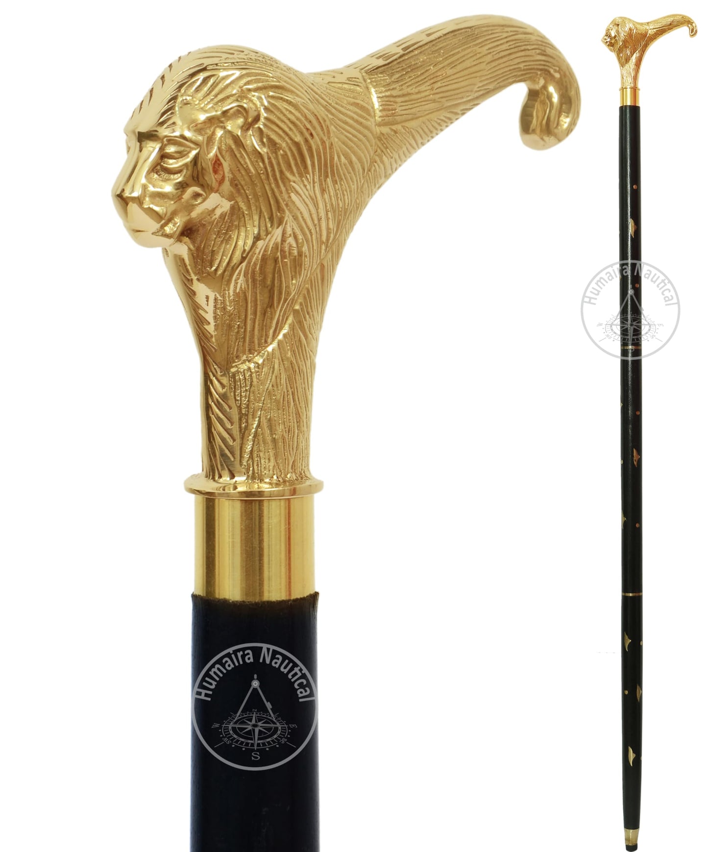 Nautical Solid Brass Lion Head Handle Wooden Walking Stick Cane Vintage Designer Handmade