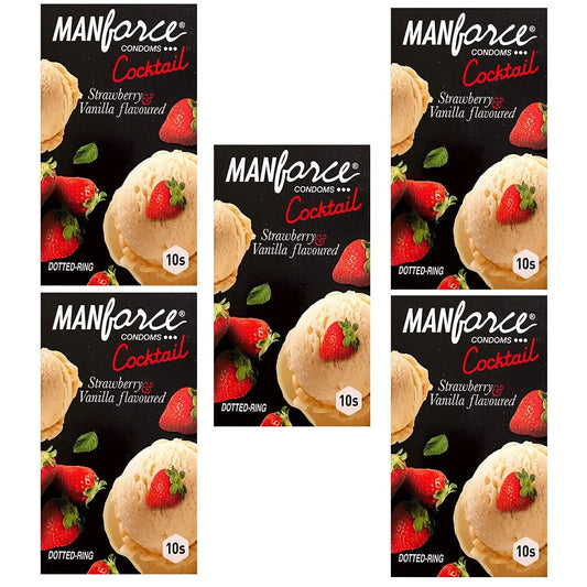 Manforce Condoms – Strawberry & Vanilla Cocktail, 10 Pcs (Set of 5) – Long-Lasting, Dotted & Flavored Latex Condoms for Men