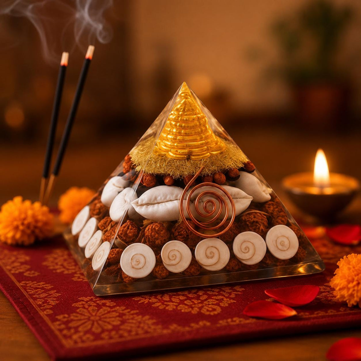 Handcrafted Resin Pyramid Decor, Gomati Chakra, Rudraksha, Cowrie, Vastu Wealth Item