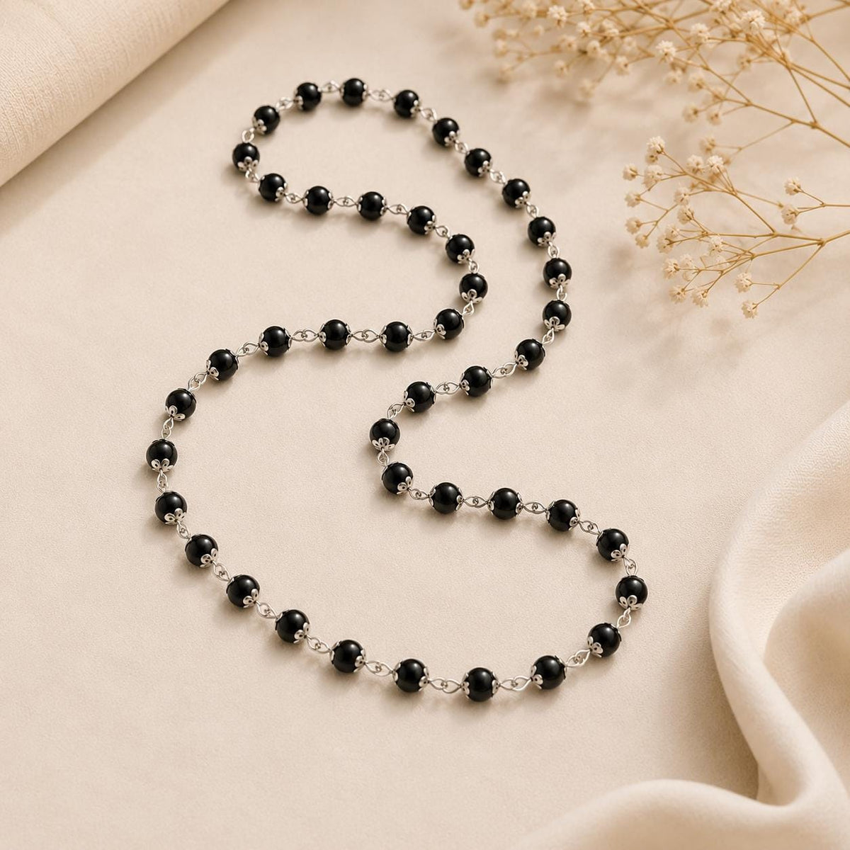 Original Karungali Ebony Wood Mala – 54 Beads (8mm) with Silver Caps | Meditation Prayer Necklace